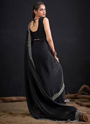 Black fendi satin silk blend two tone handwork zircon border saree 3