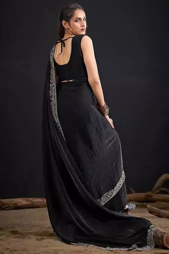 Black color fendi satin silk blend two tone handwork zircon border saree