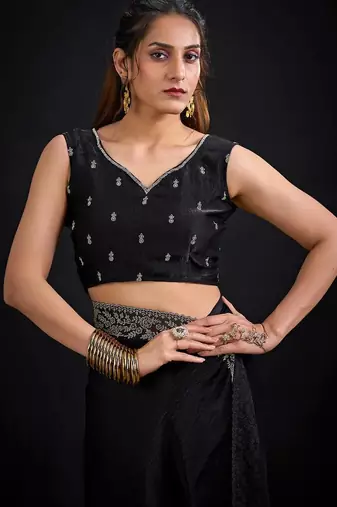 Black color fendi satin silk blend two tone handwork zircon border saree