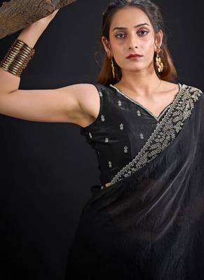 Black fendi satin silk blend two tone handwork zircon border saree 5