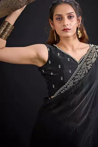 Black color fendi satin silk blend two tone handwork zircon border saree