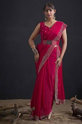 Rani color fendi satin silk two tone handwork zircon border saree