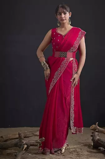 Rani color fendi satin silk two tone handwork zircon border saree