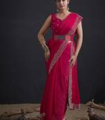 Rani color fendi satin silk blend two tone handwork zircon border saree