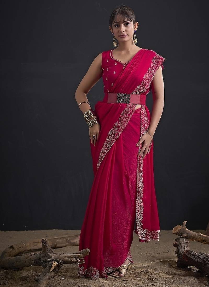 Rani color fendi satin silk two tone handwork zircon border saree