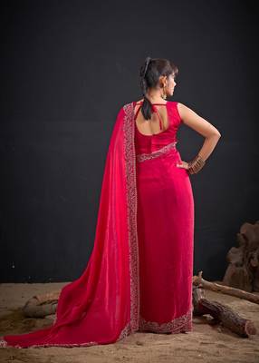 Rani color fendi satin silk blend two tone handwork zircon border saree 2
