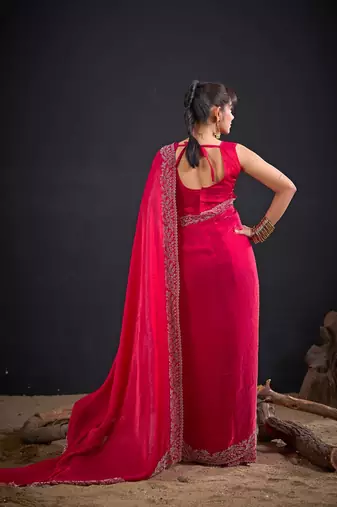 Rani color fendi satin silk blend two tone handwork zircon border saree