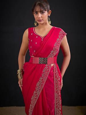 Rani color fendi satin silk blend two tone handwork zircon border saree 3