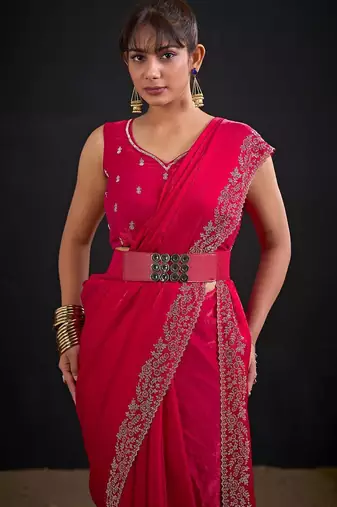 Rani color fendi satin silk blend two tone handwork zircon border saree