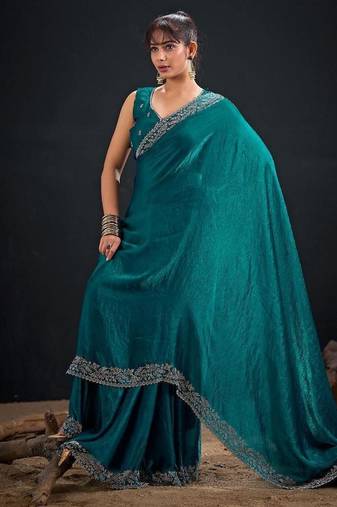 Rama color fendi satin silk two tone handwork zircon border saree