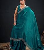 Rama color fendi satin silk blend two tone handwork zircon border saree