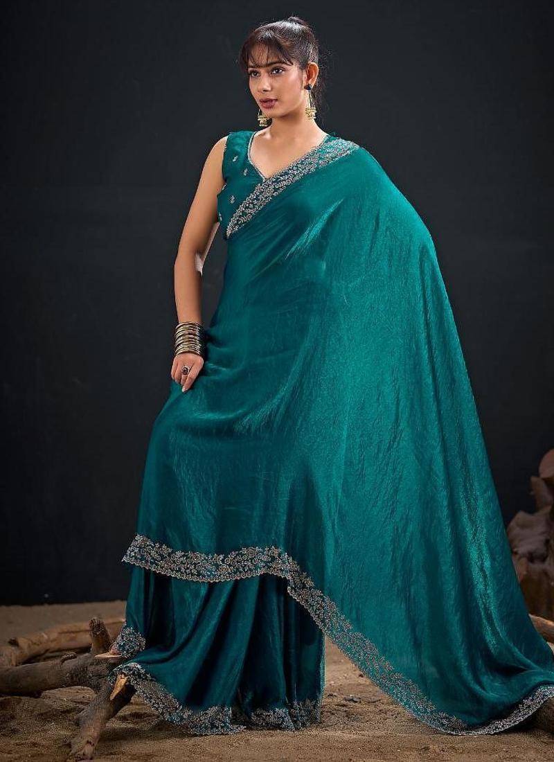 Rama color fendi satin silk two tone handwork zircon border saree