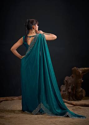 Rama color fendi satin silk blend two tone handwork zircon border saree 2