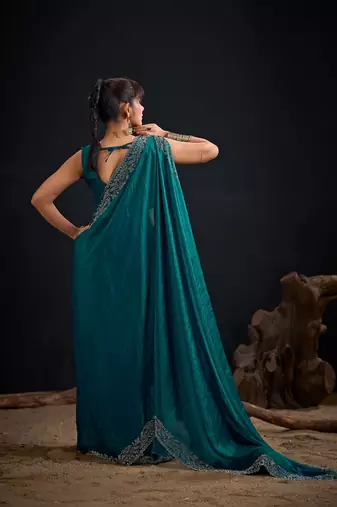 Rama color fendi satin silk blend two tone handwork zircon border saree