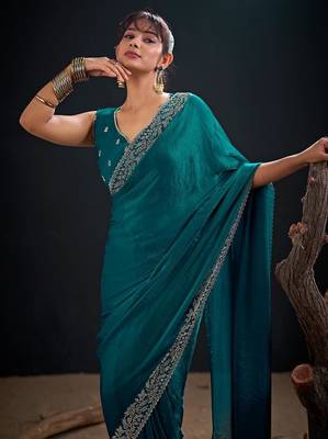 Rama color fendi satin silk blend two tone handwork zircon border saree 4