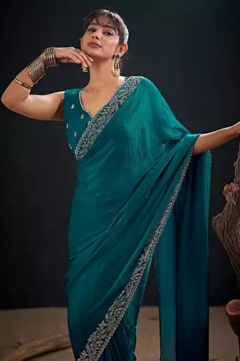 Rama color fendi satin silk blend two tone handwork zircon border saree