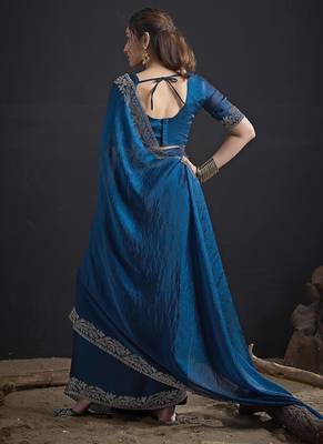 Rama color fendi satin silk blend two tone handwork zircon border saree 5