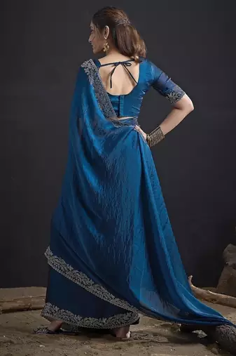 Rama color fendi satin silk blend two tone handwork zircon border saree