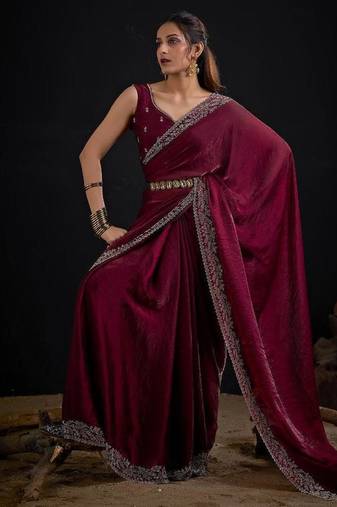 Maroon color fendi satin silk two tone handwork zircon border saree