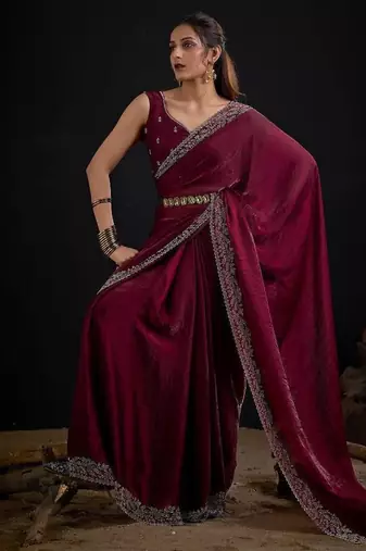 Maroon color fendi satin silk two tone handwork zircon border saree