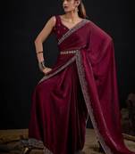 Maroon color fendi satin silk blend two tone handwork zircon border saree
