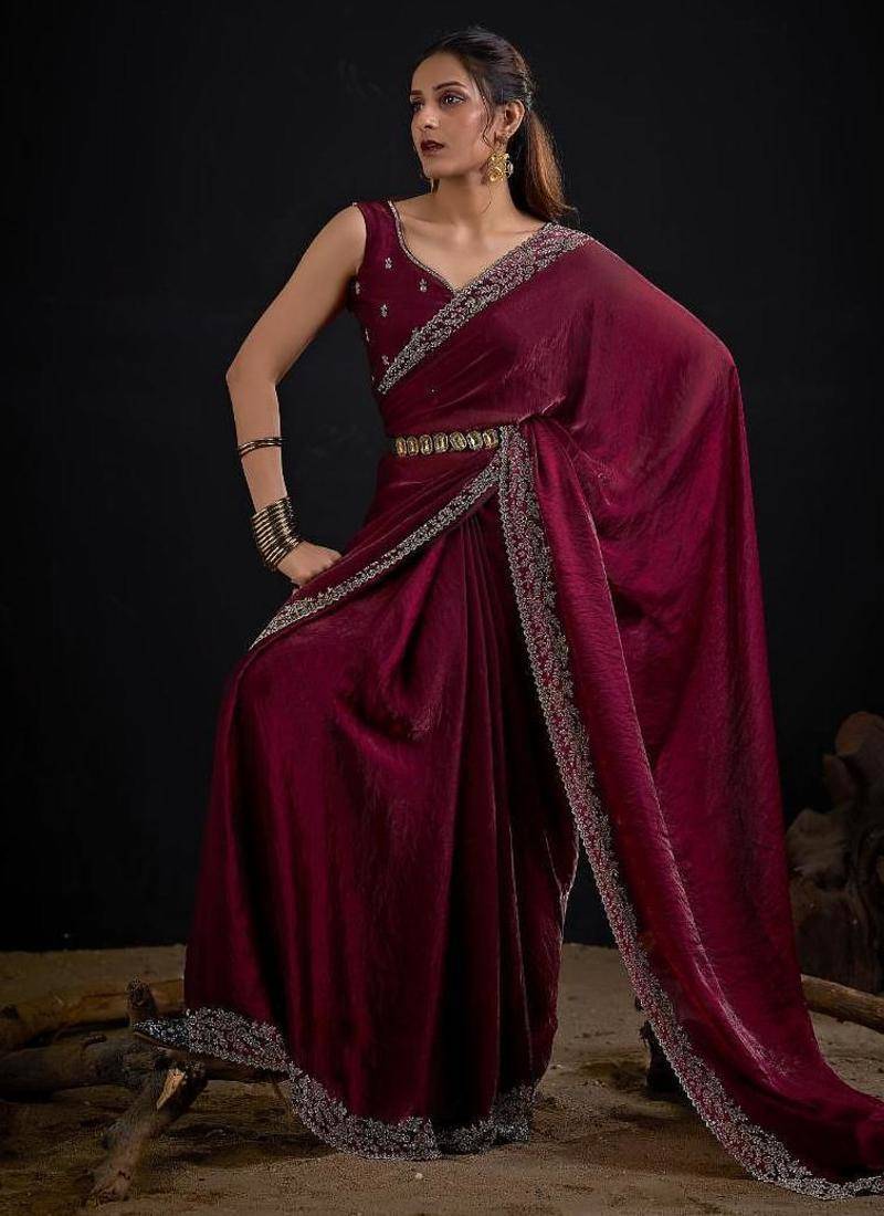 Maroon color fendi satin silk two tone handwork zircon border saree