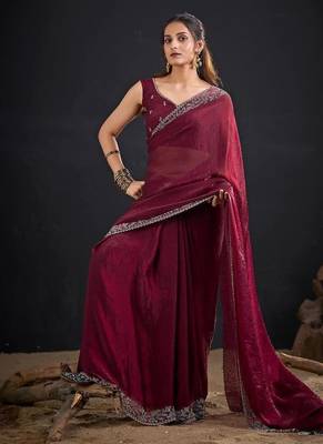 Maroon color fendi satin silk blend two tone handwork zircon border saree 2