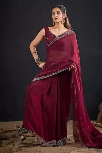 Maroon color fendi satin silk blend two tone handwork zircon border saree