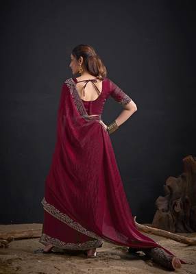 Maroon color fendi satin silk blend two tone handwork zircon border saree 3