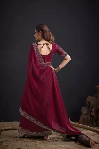 Maroon color fendi satin silk blend two tone handwork zircon border saree