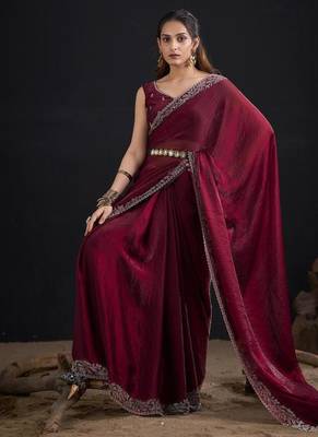 Maroon color fendi satin silk blend two tone handwork zircon border saree 4