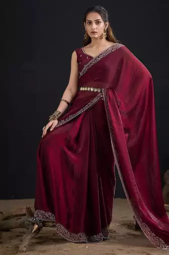 Maroon color fendi satin silk blend two tone handwork zircon border saree