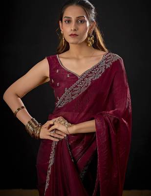 Maroon color fendi satin silk blend two tone handwork zircon border saree 5