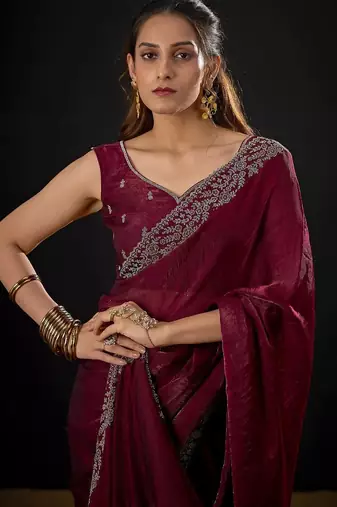 Maroon color fendi satin silk blend two tone handwork zircon border saree