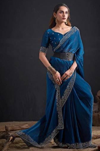 Morpeach color fendi satin silk two tone handwork zircon border saree