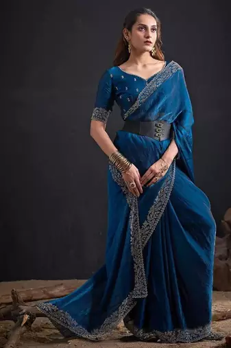 Morpeach color fendi satin silk two tone handwork zircon border saree