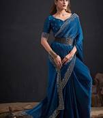 Morpeach color fendi satin silk blend two tone handwork zircon border saree