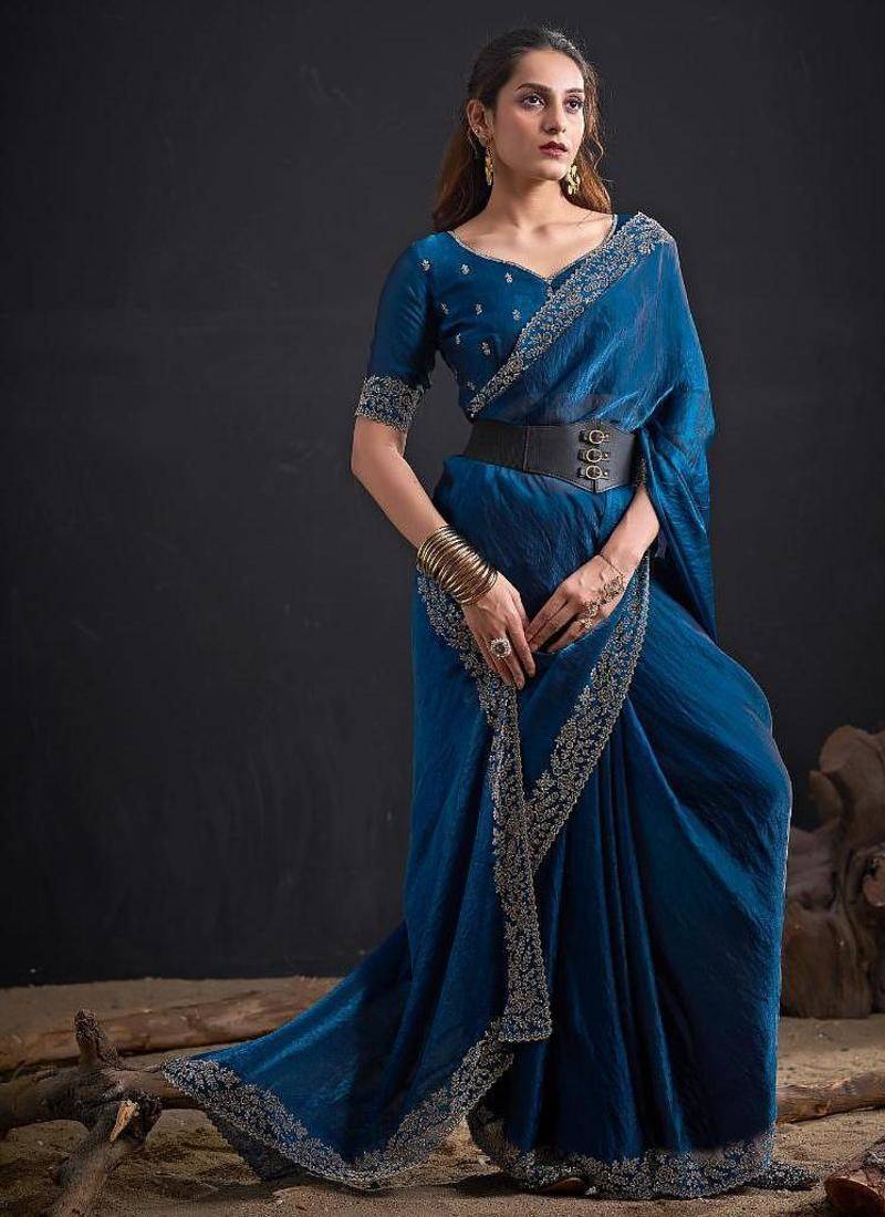 Morpeach color fendi satin silk two tone handwork zircon border saree