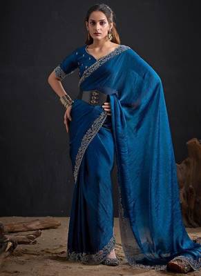 Morpeach color fendi satin silk blend two tone handwork zircon border saree 2