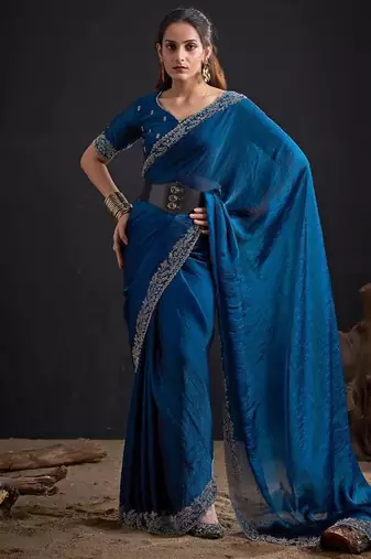 Morpeach color fendi satin silk blend two tone handwork zircon border saree