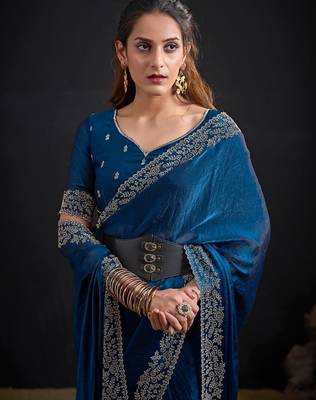 Morpeach color fendi satin silk blend two tone handwork zircon border saree 4