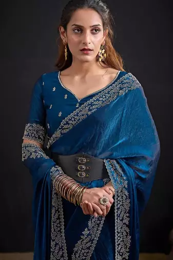 Morpeach color fendi satin silk blend two tone handwork zircon border saree