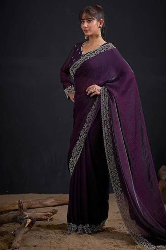 Purple color fendi satin silk two tone handwork zircon border saree