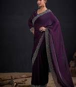 Purple color fendi satin silk blend two tone handwork zircon border saree