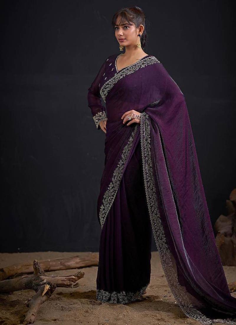 Purple color fendi satin silk two tone handwork zircon border saree
