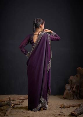 Purple color fendi satin silk blend two tone handwork zircon border saree 2