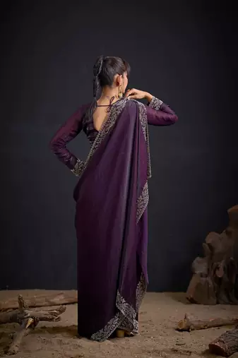 Purple color fendi satin silk blend two tone handwork zircon border saree
