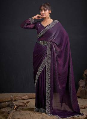 Purple color fendi satin silk blend two tone handwork zircon border saree 3