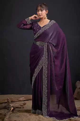 Purple color fendi satin silk blend two tone handwork zircon border saree