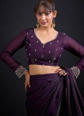 Purple color fendi satin silk blend two tone handwork zircon border saree 4